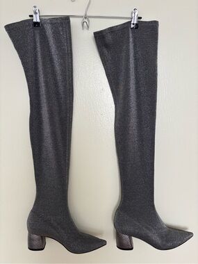 POLLINI Shimmery Over-the-Knee Pointed Toe Boots - Metallic Charcoal